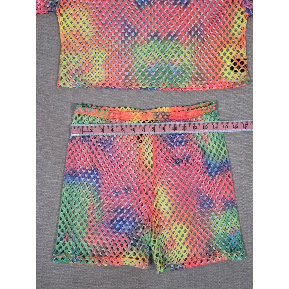 American Leisure Rainbow Tie Dye Fishnet Crop Top and Shorts Set XXL New